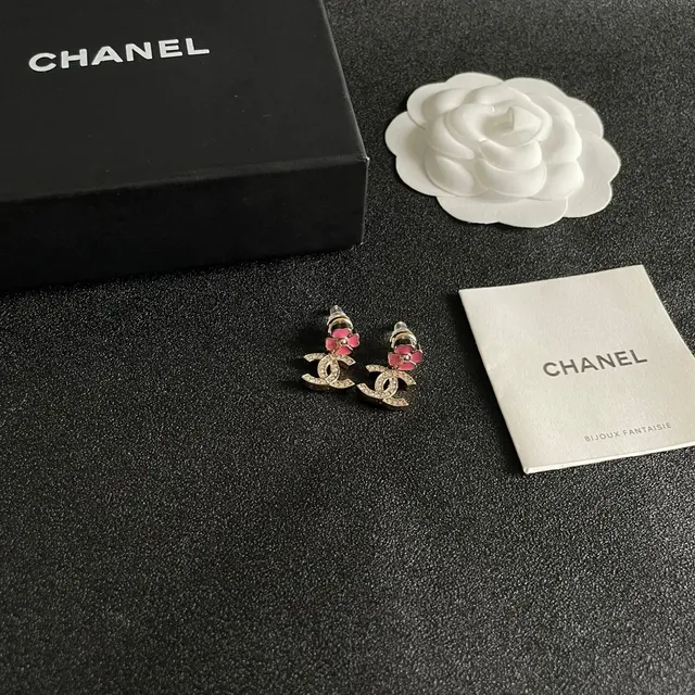 Chanel CC Logo Earrings Pink Camellia with Crystals