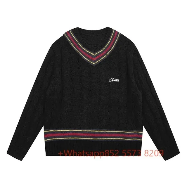 Corteiz V-Neck Knit Sweater Ribbed Trim with Stripe Detail