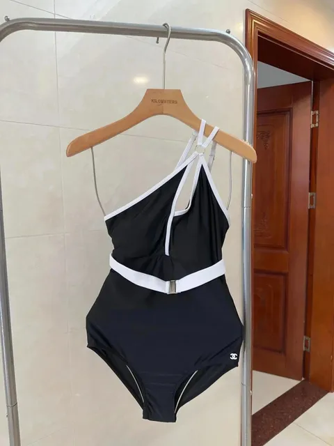 Chanel Halterneck Swimsuit Contrast Trim with Belt