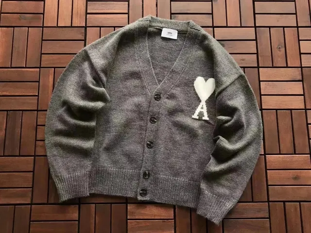 AMI Paris Heart Logo Cardigan Grey with White Heart