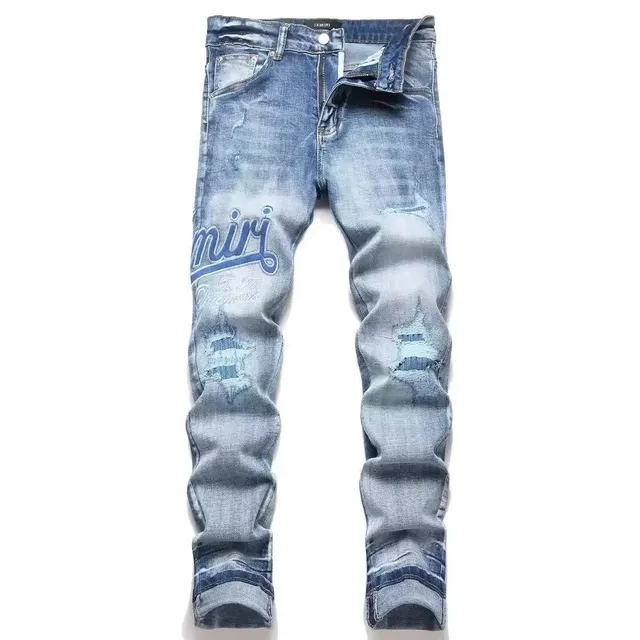 Distressed Slim Fit Jeans Embroidered Logo