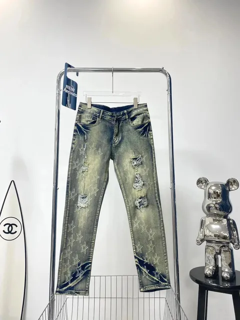 Star-Print Distressed Jeans Washed Blue with Star Motif