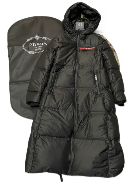Prada Long Puffer Coat Red Logo Tape