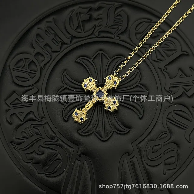 Chrome Hearts Cross Pendant Gold with Sapphire Accents