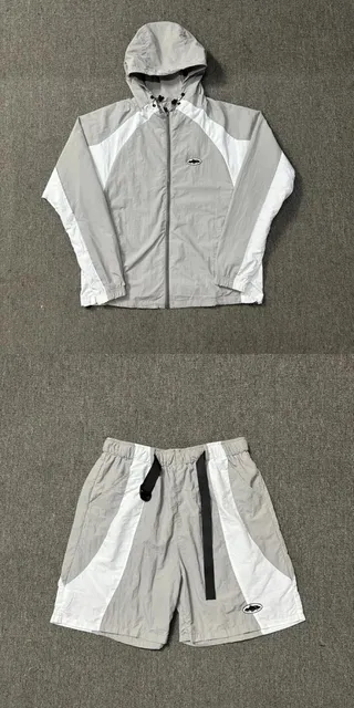 BAPE Shark Windbreaker & Shorts Set Grey White Panel