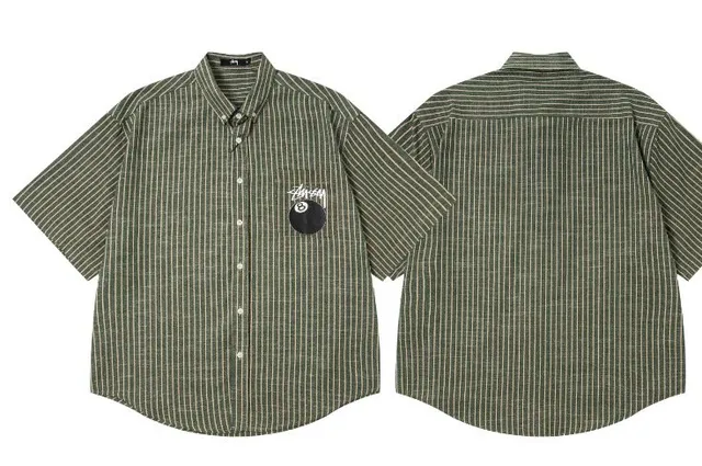 Stüssy Short-Sleeve Button-Up Shirt Striped with 8-Ball Patch