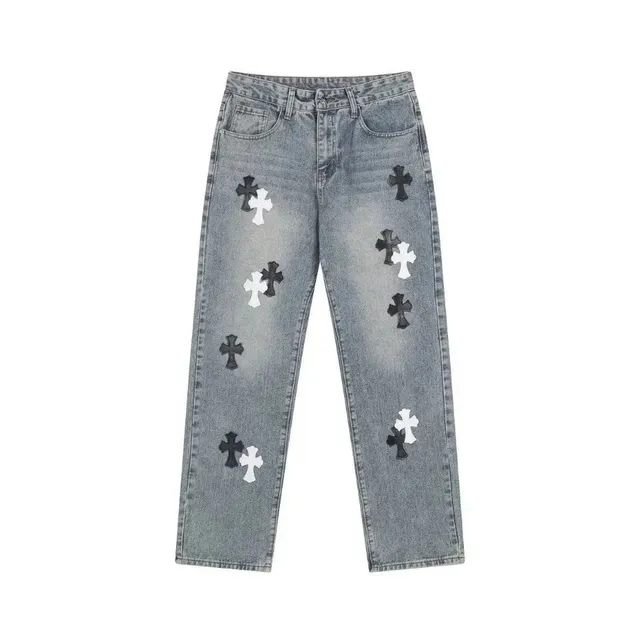 Chrome Hearts Cross Patch Jeans Distressed Grey with Black and White Cross Patches
