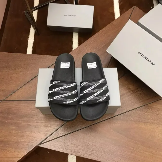 Balenciaga Logo Slide Black with White Logo Strap