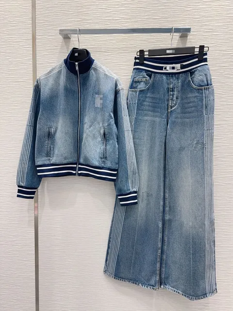 Balenciaga Denim Track Jacket and Wide-Leg Trousers Striped Panel Denim Set