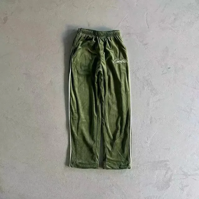 Corteiz Velour Track Pants Olive with White Stripe