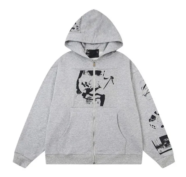Gallery Dept. Zip-Up Hoodie Graphic Print Heather Grey