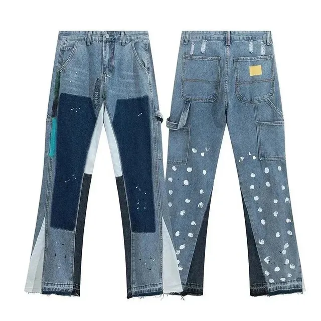 Patchwork Denim Trousers Distressed Paint-Splatter