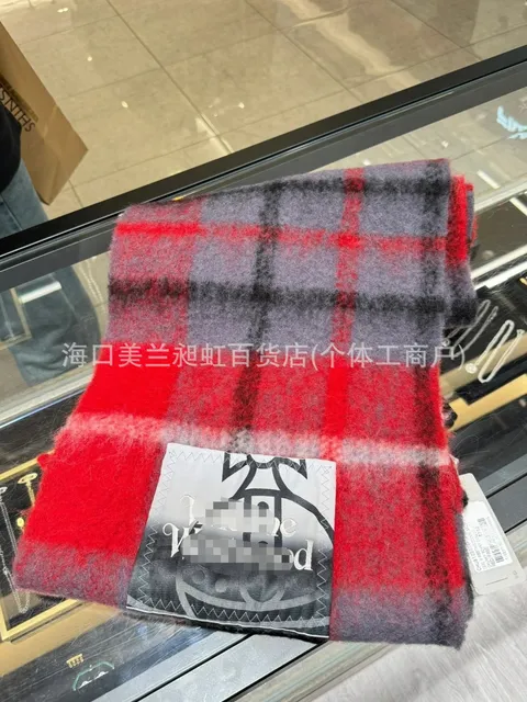 Labeling mohair scarf in red