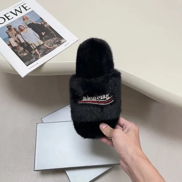 Balenciaga Furry Slide Logo Embroidered