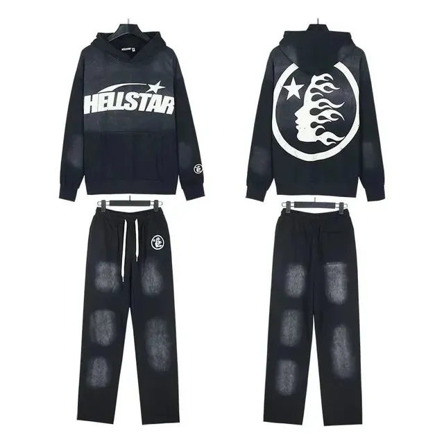 Hellstar Hoodie and Joggers Set Distressed Black with White Logo