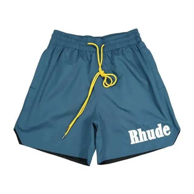 Rhude Logo Shorts Navy with Yellow Drawstring
