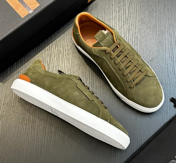 Low-Top Sneaker Olive Suede with Orange Accents