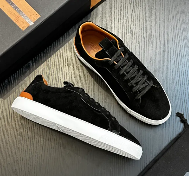 Low-Top Sneaker Black Suede with Orange Accents