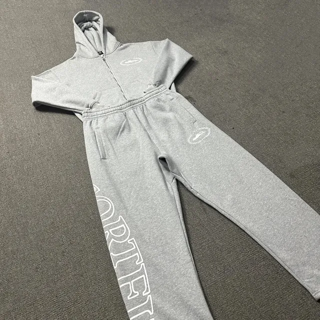 Corteiz Zip-Up Hoodie and Joggers Set Heather Grey with White Logo