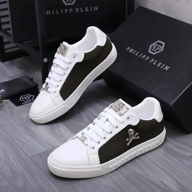 Philipp Plein Skull Logo Sneaker White and Olive Ribbed