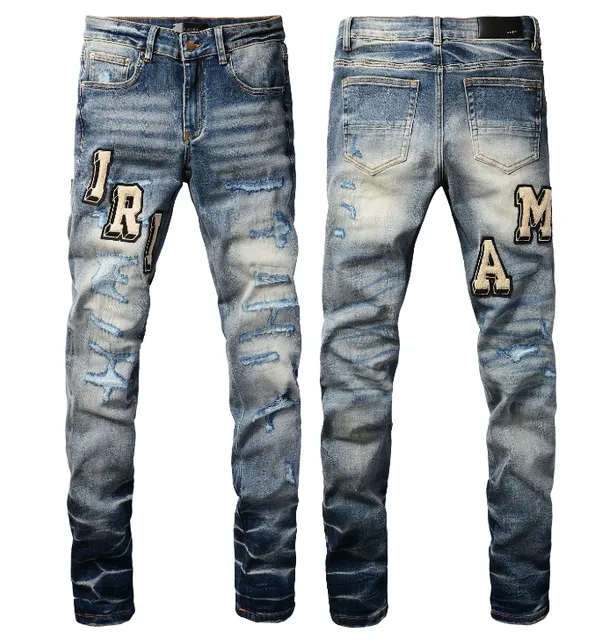 Distressed Slim Fit Jeans Patchwork Logo