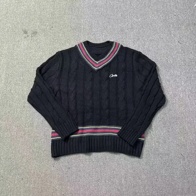 Corteiz Cable Knit V-Neck Sweater Multicolor Trim