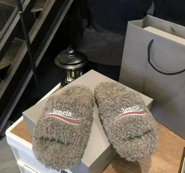 Balenciaga Shearling Slide Logo Embroidered