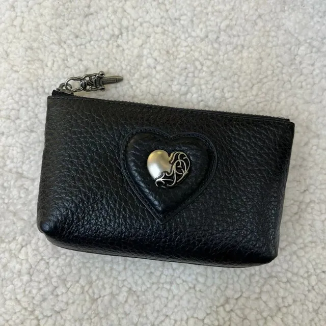 Chrome Hearts Heart Zip Pouch Black Leather with Silver Heart