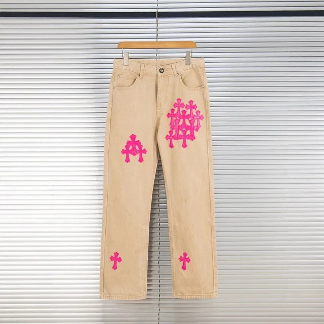 Chrome Hearts Cross Patch Jeans Beige with Pink Crosses