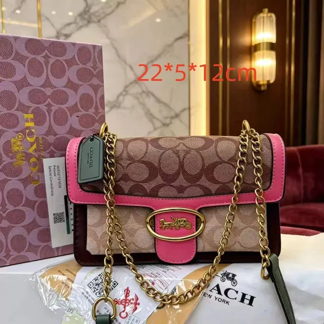 Coach Chain Strap Shoulder Bag Signature Canvas with Pink Leather Trim