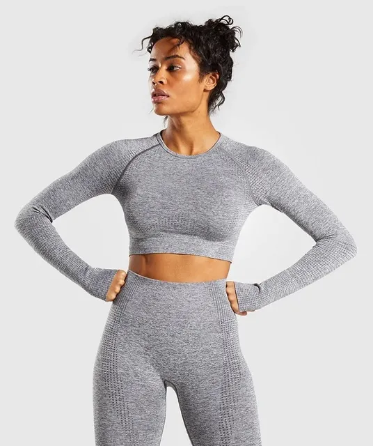 Gymshark Seamless Cropped Long Sleeve Top and Leggings Set Heather Grey
