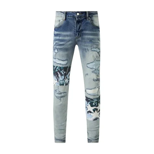 Distressed Slim Fit Jeans Patchwork Print