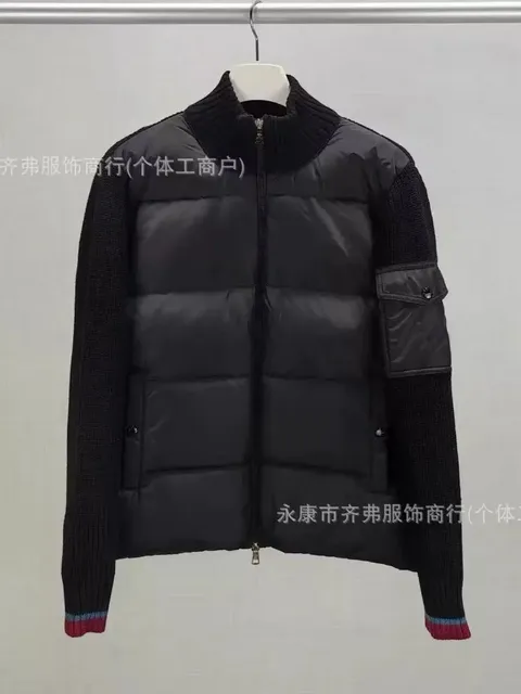 Moncler Knit-Sleeve Puffer Jacket Black with Ribbed Knit Sleeves