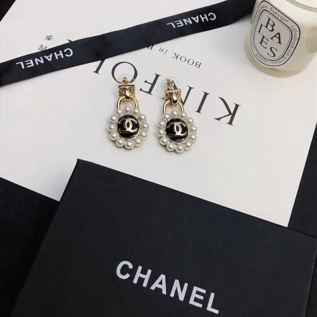 Chanel CC Pearl Earrings Gold Tone with Black Enamel and Pearls