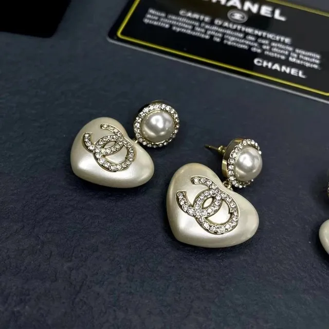 Chanel Heart Stud Earrings Pearl and Crystal CC Logo