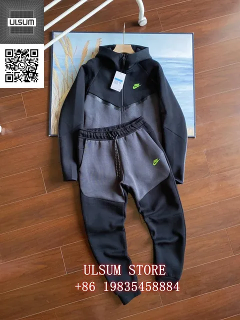 Nike Tech Fleece Hoodie and Joggers Black/Grey/Neon Green