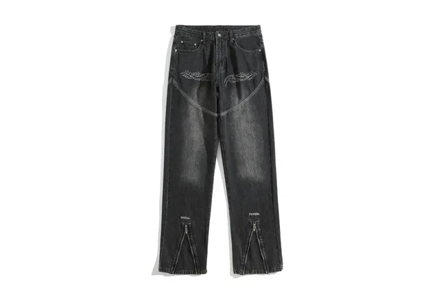 Embroidered Zip-Cuff Jeans Winged Embroidery