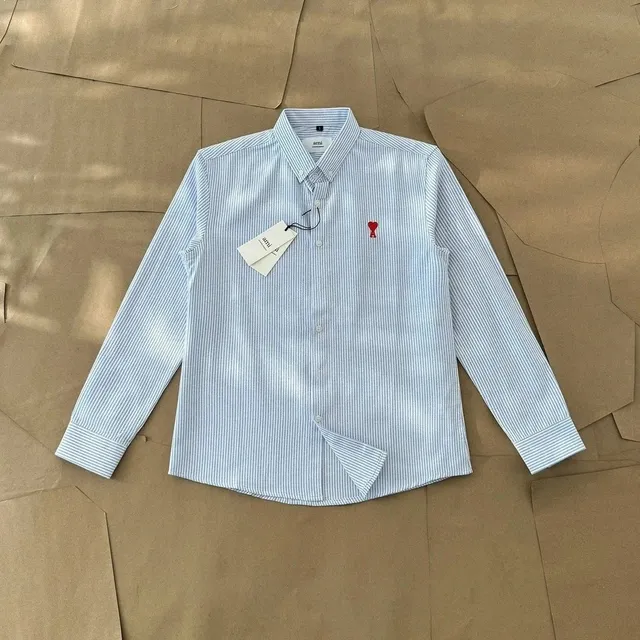 AMI Paris Button-Up Shirt Striped with Red Heart Logo