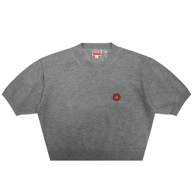 Kenzo Flower Embroidered Knit Top Grey with Red Flower