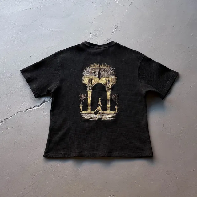 Waffle Knit Tee Gold Embroidered Arch