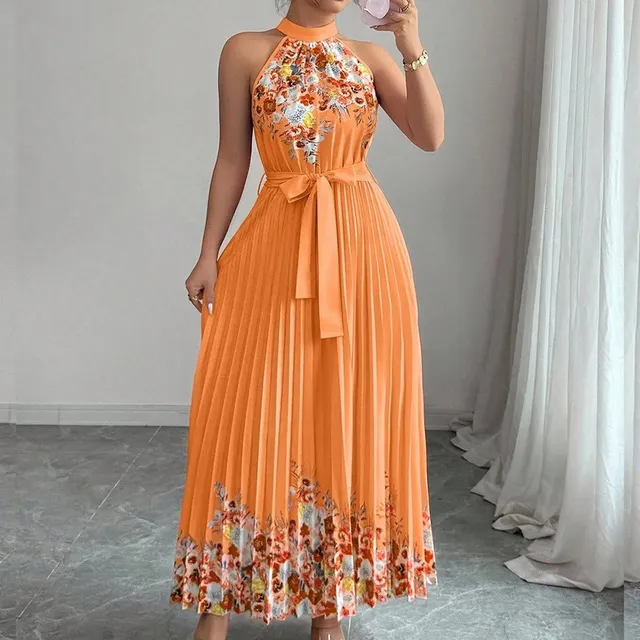 Halter Neck Pleated Maxi Dress Floral Print