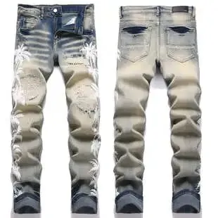Distressed Slim Fit Jeans Bleached Palm Print