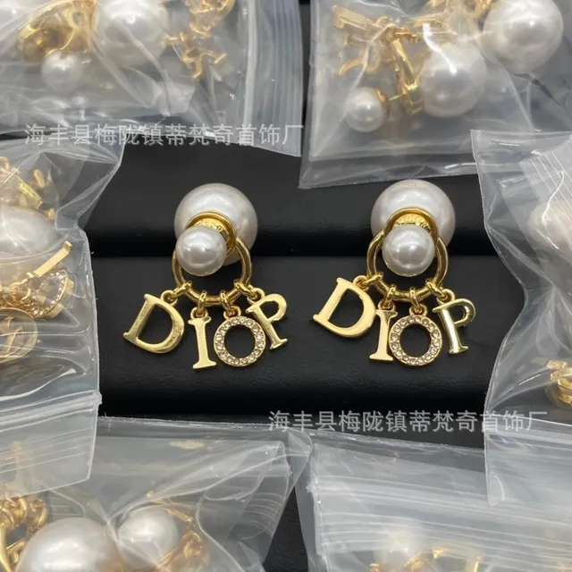 Dior Pearl Earrings Crystal Logo Drop