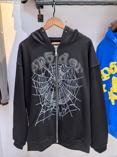 Sp5der Zip-Up Hoodie Spiderweb Graphic with Studded Logo