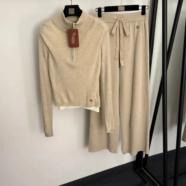 Knit Set Ribbed Half-Zip Top and Wide-Leg Pants