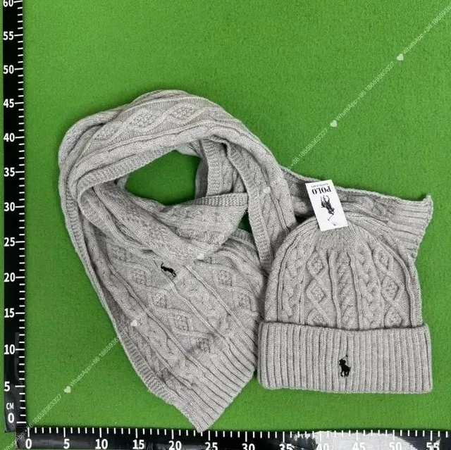 Polo Ralph Lauren Cable Knit Scarf and Beanie Set Grey with Black Pony Logo