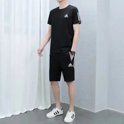 Adidas T-Shirt and Shorts Set Black with White Stripes
