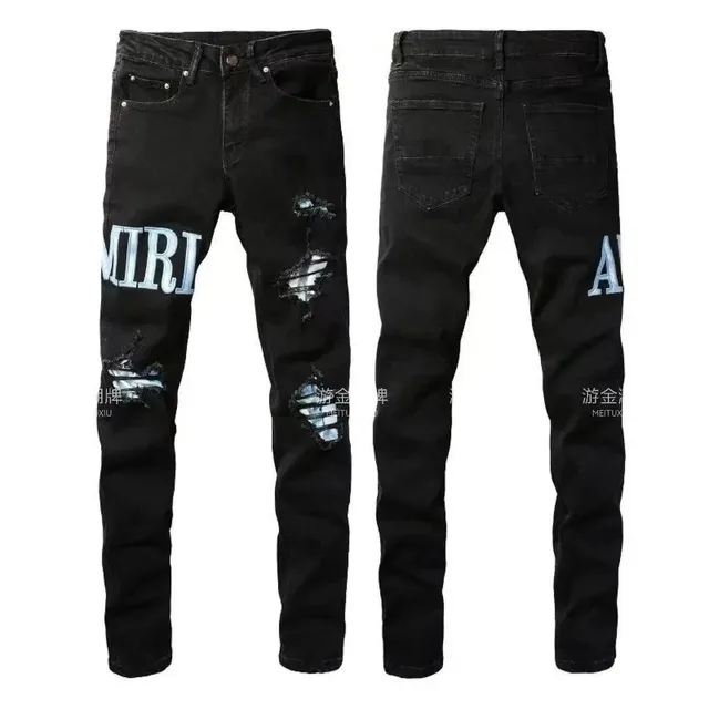 Amiri Distressed Logo Jeans Black with Light Blue Logo