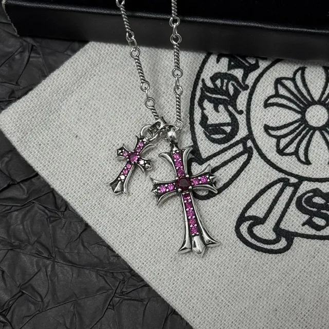 Chrome Hearts Cross Pendant Pave Pink CZ with Ruby Center