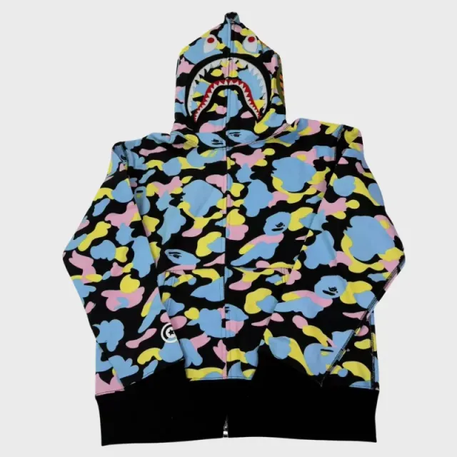Bh10 - Bp New Multi Camo Shark Relaxed Full Zip Hoodie Black
